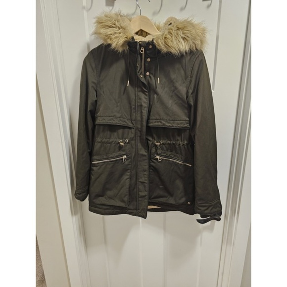 ZARA TRF Trafaluc Olive Army Green Hooded Warm Parka Coat Small Faux Fur Trim HD